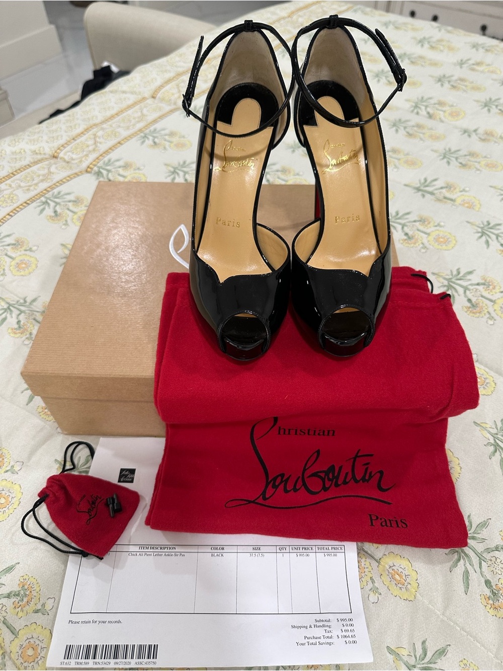 Christian Louboutin Black Round Chick Alta 120 Patent Peep-Toe Ankle-Strap Pumps